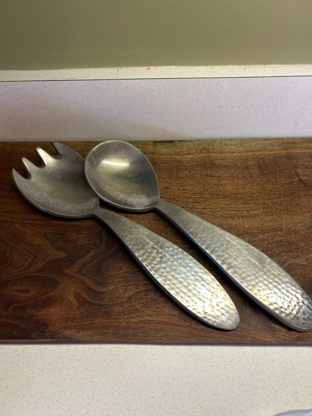 Brushed Silver Hammered Metal Salad Serving Set - 2-Piece